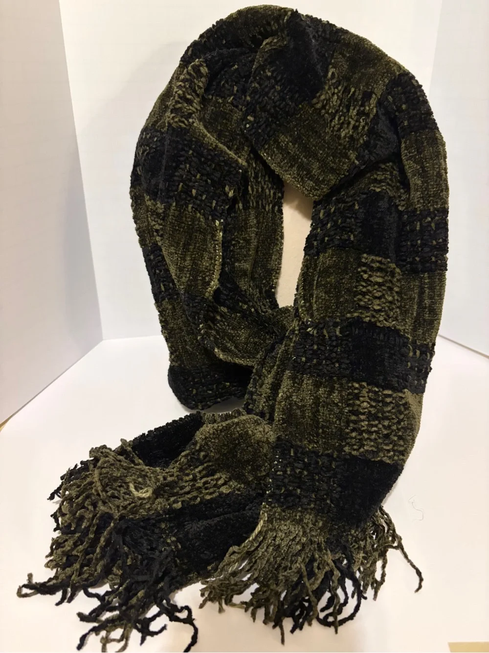 Vintage Barneys New York Handwoven Chenille Scarf Olive And Black Fringe Unisex